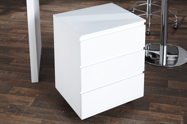 Caisson moderne à haute brillance laqué en blanc à 3 tiroirs