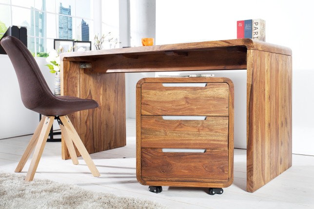 Caisson de bureau design en bois sheesham massif coloris naturel avec 3 tiroirs