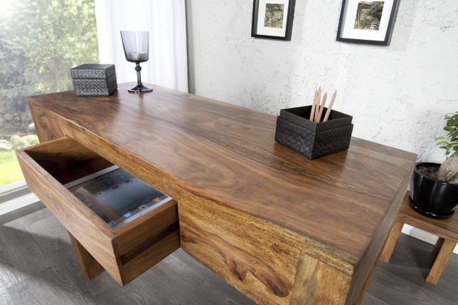 Bureau de 100 cm design en bois massif sheesham coloris naturel avec tiroir