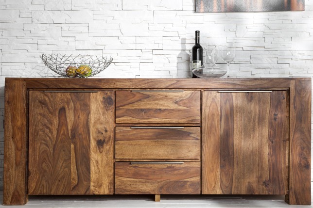Buffet en Bois Massif Sheesham 180 cm — 2 Portes & 3 Tiroirs, Coloris Naturel