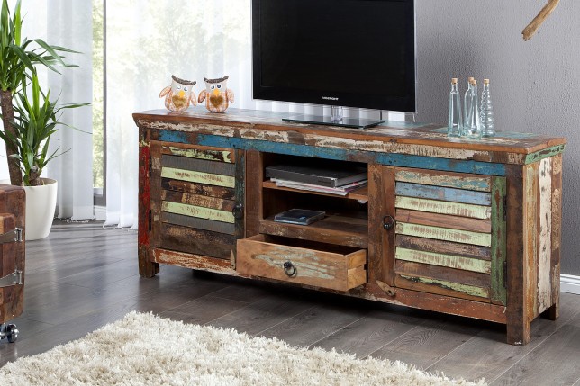 Meuble TV 150 cm design en bois recyclé multicouleur