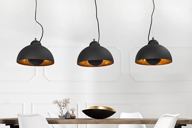 Barre de 3 lampes suspendues 20 cm hémisphéres coloris noir et doré