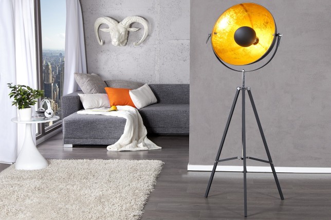 Lampadaire trépied 160 cm en acier inoxydable coloris noir et or