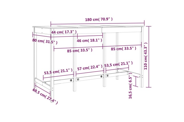 Table de bar Blanc 180x80x110 cm Bois massif de pin