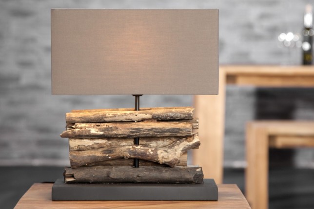Lampe de 40cm en bois flotté et lin marron