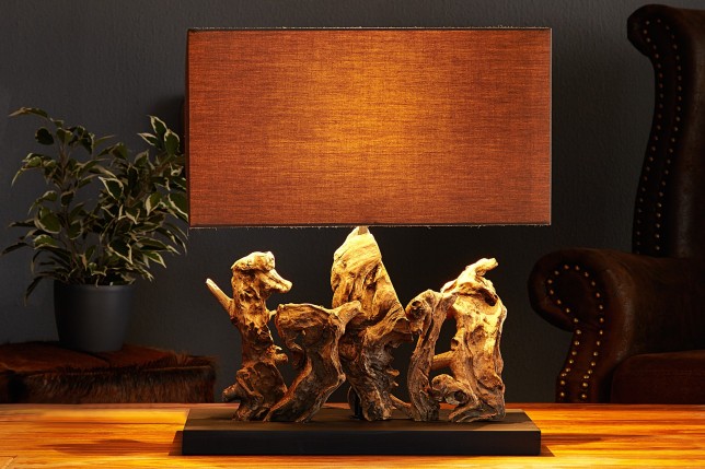 Lampe à poser  de 40cm en bois flotté et lin  brun