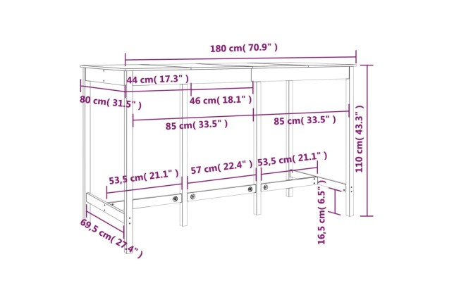 Table de bar 180x80x110 cm Bois massif de pin