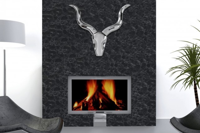 Trophée mural design tête de taureau peint argent