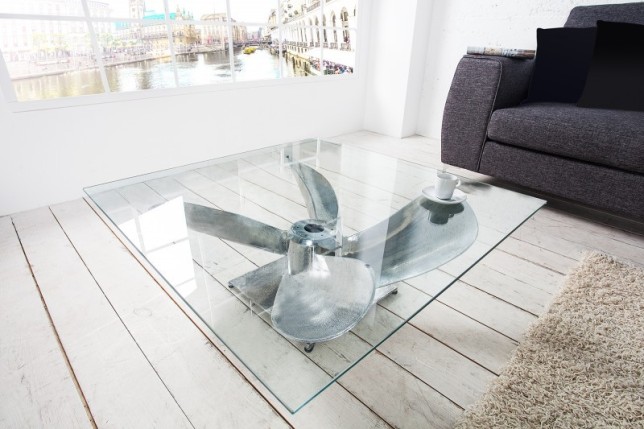 Table basse design hélice en verre transparent  et en aluminium