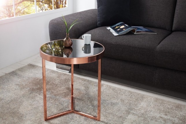 Table d'appoint design en verre noir / métal cuivré