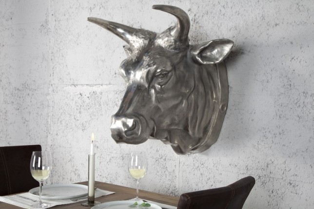Trophée mural 65 cm en tête de taureau en aluminium argenté