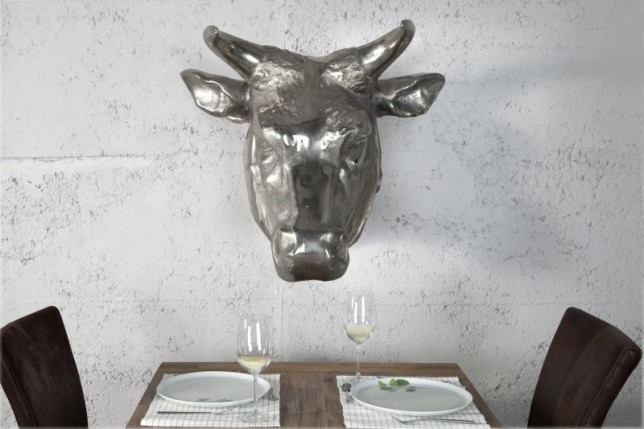Trophée mural 65 cm en tête de taureau en aluminium argenté