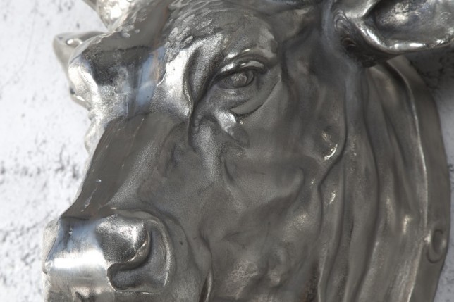 Trophée mural 65 cm en tête de taureau en aluminium argenté