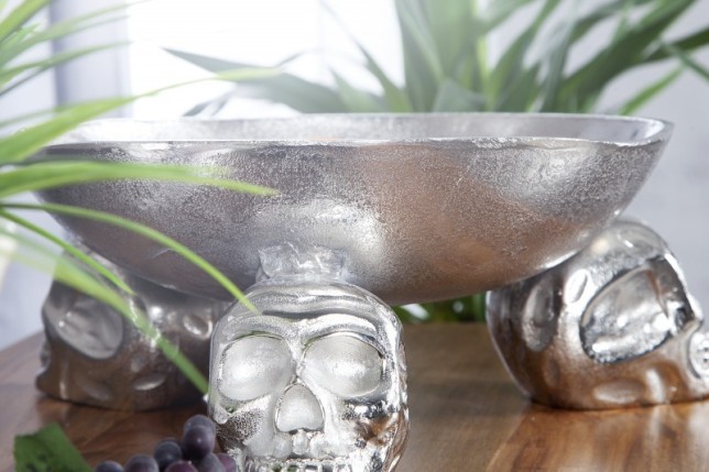 Bol de fruits design crânes en aluminium argenté