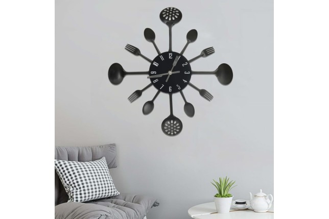 Horloge murale et cuillère avec fourchette Noir 40 cm Aluminium