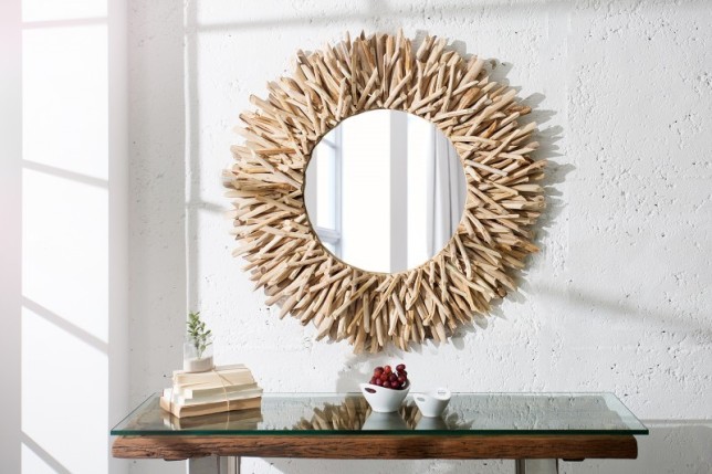 Miroir mural 80 cm design soleil en bois flotté