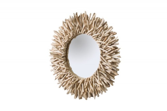 Miroir mural 80 cm design soleil en bois flotté