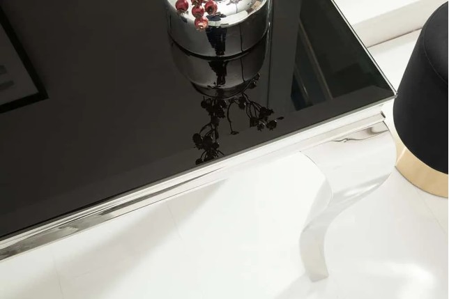 Console élégante MODERN BAROCK 145cm verre opale noir pieds en acier inoxydable
