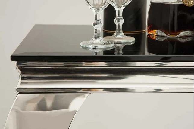 Console élégante MODERN BAROCK 145cm verre opale noir pieds en acier inoxydable