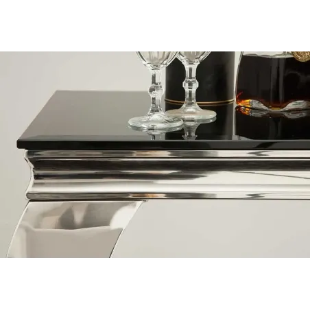 Console élégante MODERN BAROCK 145cm verre opale noir pieds en acier inoxydable
