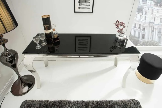 Console élégante MODERN BAROCK 145cm verre opale noir pieds en acier inoxydable