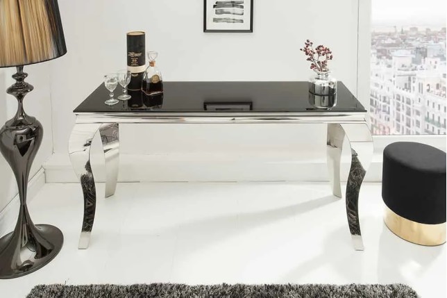 Console élégante MODERN BAROCK 145cm verre opale noir pieds en acier inoxydable