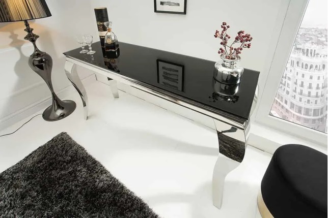 Console élégante MODERN BAROCK 145cm verre opale noir pieds en acier inoxydable
