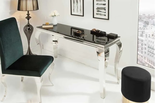 Console élégante MODERN BAROCK 145cm verre opale noir pieds en acier inoxydable