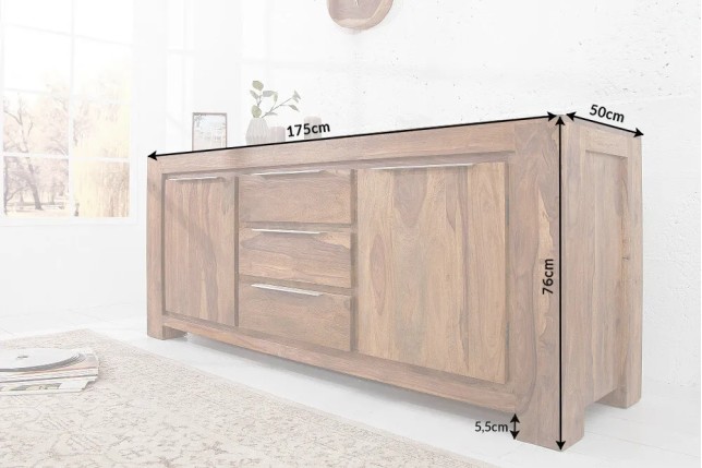 Buffet bas en Bois de Sheesham Massif - Enfilade 2 Portes & 3 Tiroirs