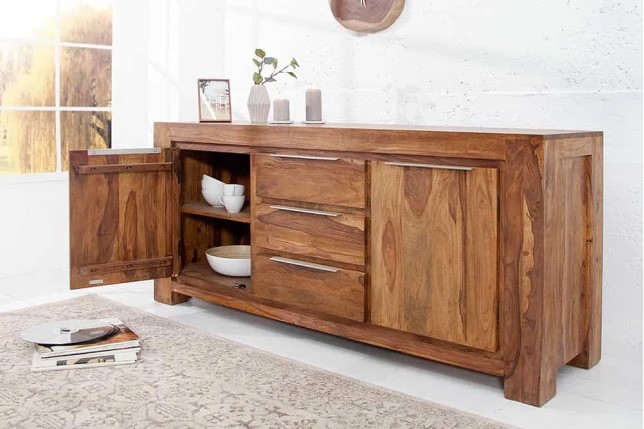Buffet en Bois Massif Sheesham 180 cm — 2 Portes & 3 Tiroirs, Coloris Naturel