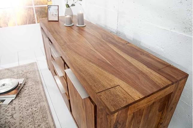 Buffet en Bois Massif Sheesham 180 cm — 2 Portes & 3 Tiroirs, Coloris Naturel
