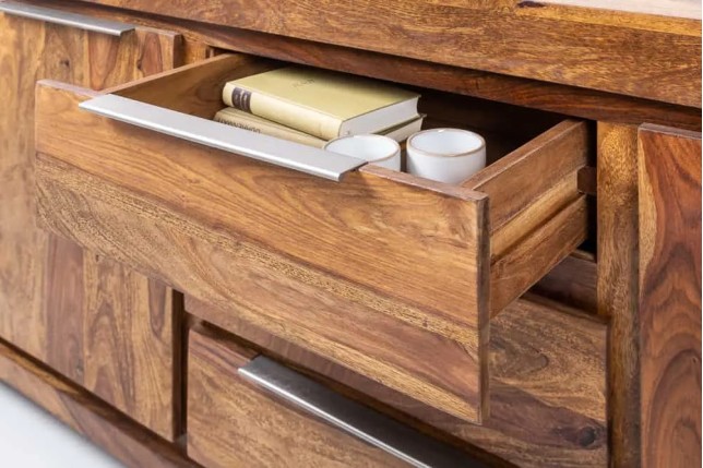 Buffet bas en Bois de Sheesham Massif - Enfilade 2 Portes & 3 Tiroirs
