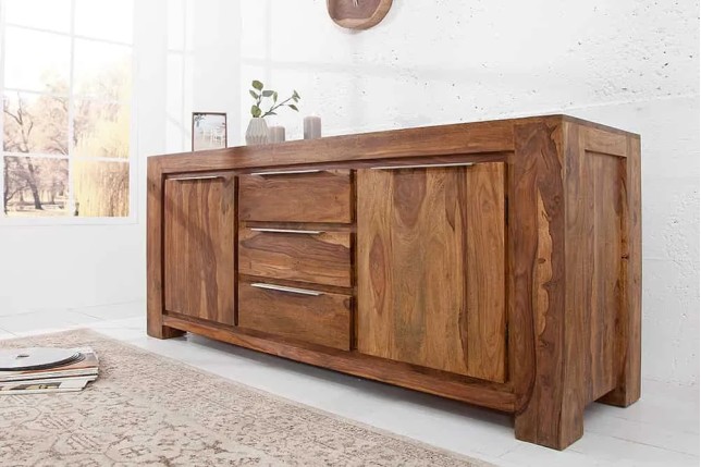 Buffet en Bois Massif Sheesham 180 cm — 2 Portes & 3 Tiroirs, Coloris Naturel