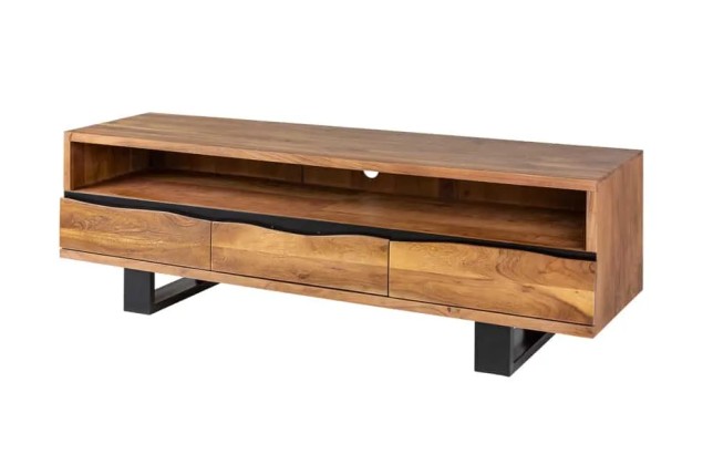 Meuble TV en bois massif d’acacia 160 cm – Design miel et noir avec rangements élégants