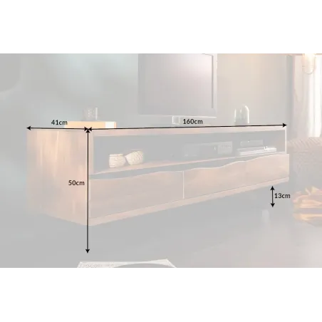 Meuble TV en bois massif d’acacia 160 cm – Design miel et noir avec rangements élégants