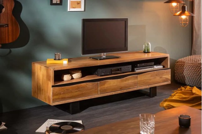 Meuble TV en bois massif d’acacia 160 cm – Design miel et noir avec rangements élégants