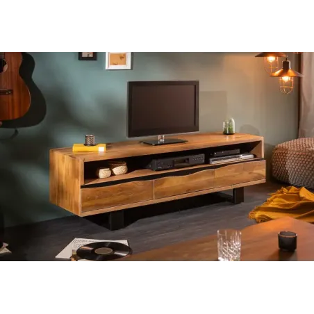 Meuble TV en bois massif d’acacia 160 cm – Design miel et noir avec rangements élégants