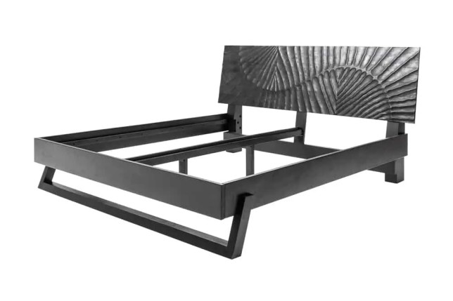 Lit double massif en bois de manguier noir 180 x 200 cm – Design sculpté artisanal et robuste