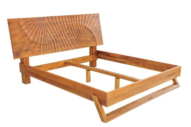Lit double en bois massif de manguier 180 x 200 cm – Sculpté à la main, finition brune élégante