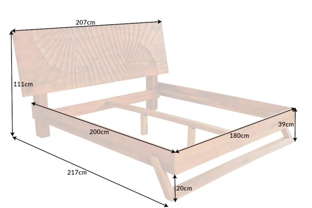 Lit double en bois massif de manguier 180 x 200 cm – Sculpté à la main, finition brune élégante