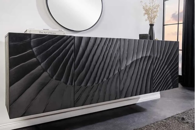 Buffet suspendu en bois massif de manguier noir 177 cm – Design artisanal sculpté à la main, grand espace de rangement