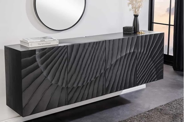 Buffet suspendu en bois massif de manguier noir 177 cm – Design artisanal sculpté à la main, grand espace de rangement