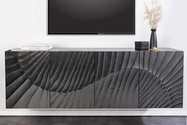 Buffet suspendu en bois massif de manguier noir 177 cm – Design artisanal sculpté à la main, grand espace de rangement
