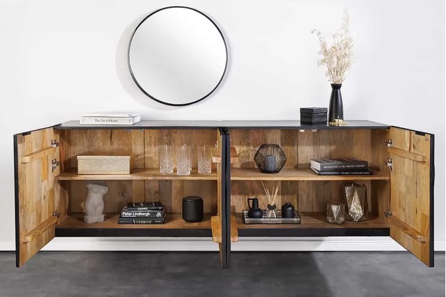 Buffet suspendu en bois massif de manguier noir 177 cm – Design artisanal sculpté à la main, grand espace de rangement