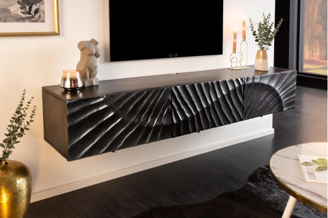 Meuble TV suspendu SCORPION 160 cm – Bois massif de manguier noir sculpté à la main, design moderne