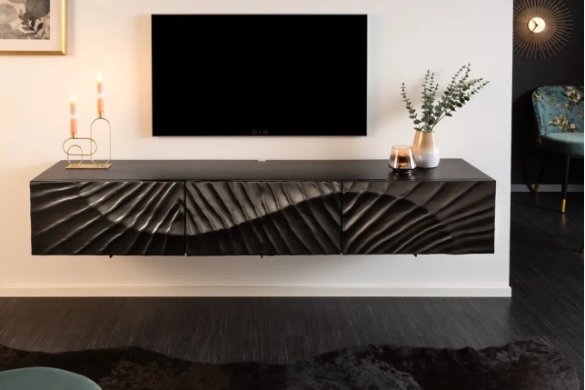 Meuble TV suspendu SCORPION 160 cm – Bois massif de manguier noir sculpté à la main, design moderne