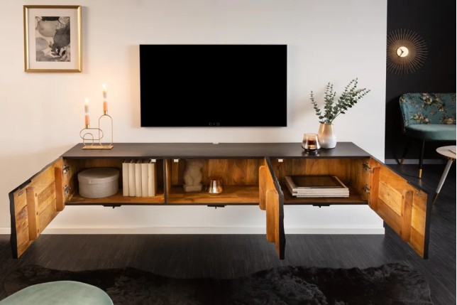 Meuble TV suspendu SCORPION 160 cm – Bois massif de manguier noir sculpté à la main, design moderne