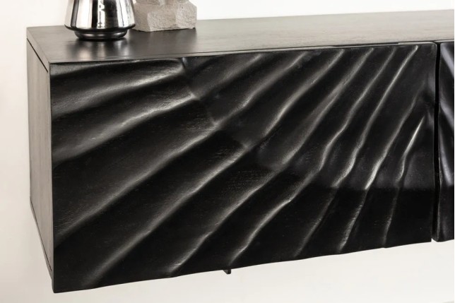 Meuble TV suspendu SCORPION 160 cm – Bois massif de manguier noir sculpté à la main, design moderne
