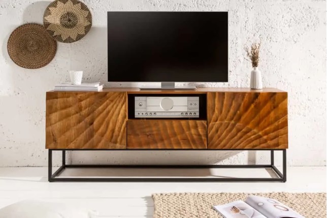 Meuble tv SCORPION 160 cm – Bois de manguier sculpté 3D, piètement noir