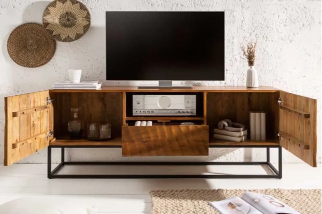 Meuble tv SCORPION 160 cm – Bois de manguier sculpté 3D, piètement noir